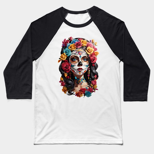 Sugar Skull girl, Dia de los Muertos Baseball T-Shirt by CatCoconut-Art